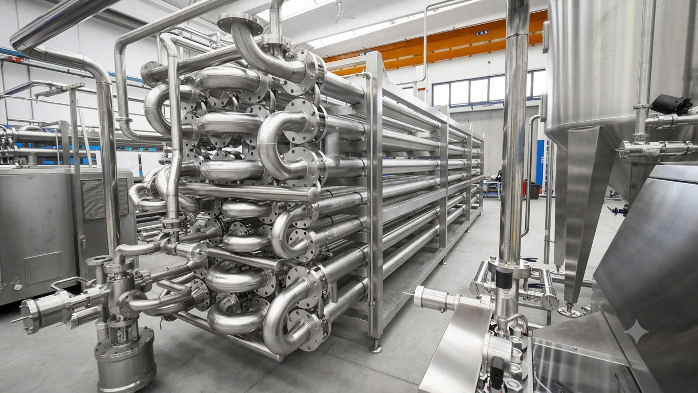 Stainless steel pulp processing equipment at the SNR Foods factory