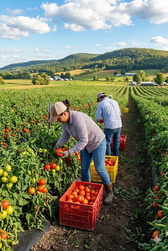 Farmworkers harvesting ripe tomatoes in a sunny field