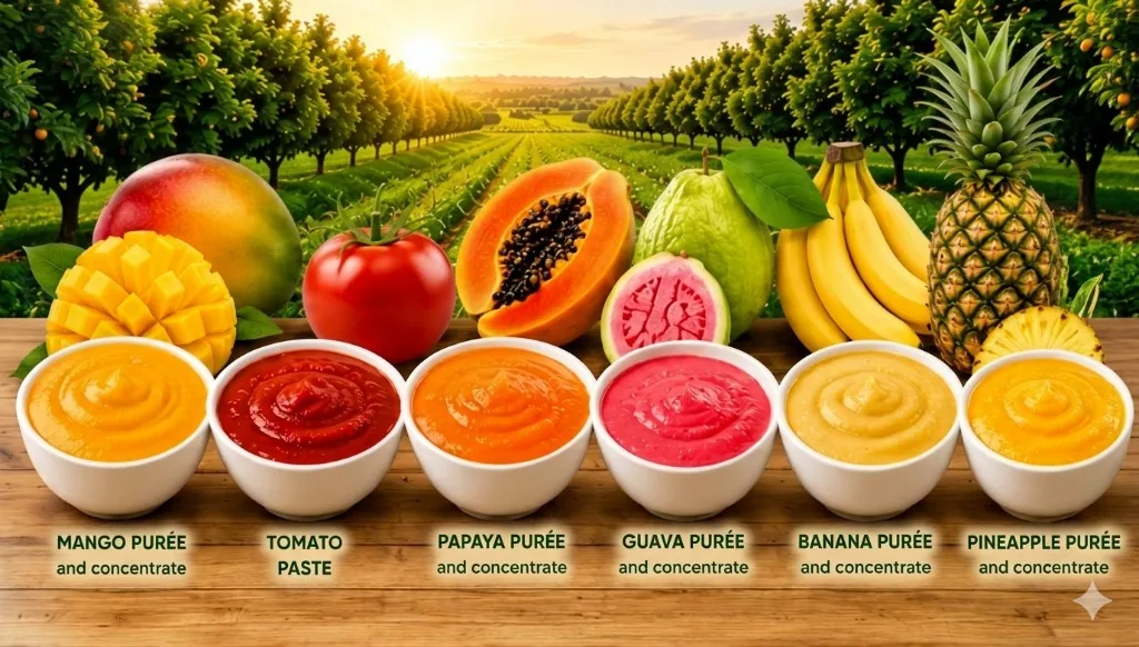 Bowls of mango, tomato, papaya, guava, banana, and pineapple paste or concentrate with fresh fruit in an orchard