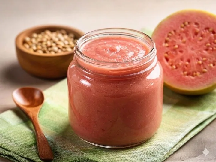 Jar of SNR Foods white guava pulp with fresh guavas