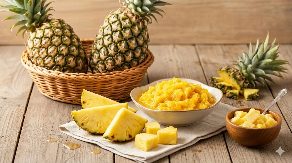 Aseptic pineapple puree from SNR Foods with fresh pineapple